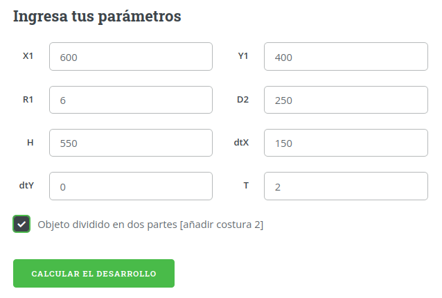 Ingreso de los parámetros para un desarrollo de calderería de chapa metálica